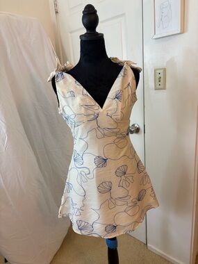 Sleeveless V-Neck Tie-Shoulder Mini Dress in Ivory with Blue Line Print